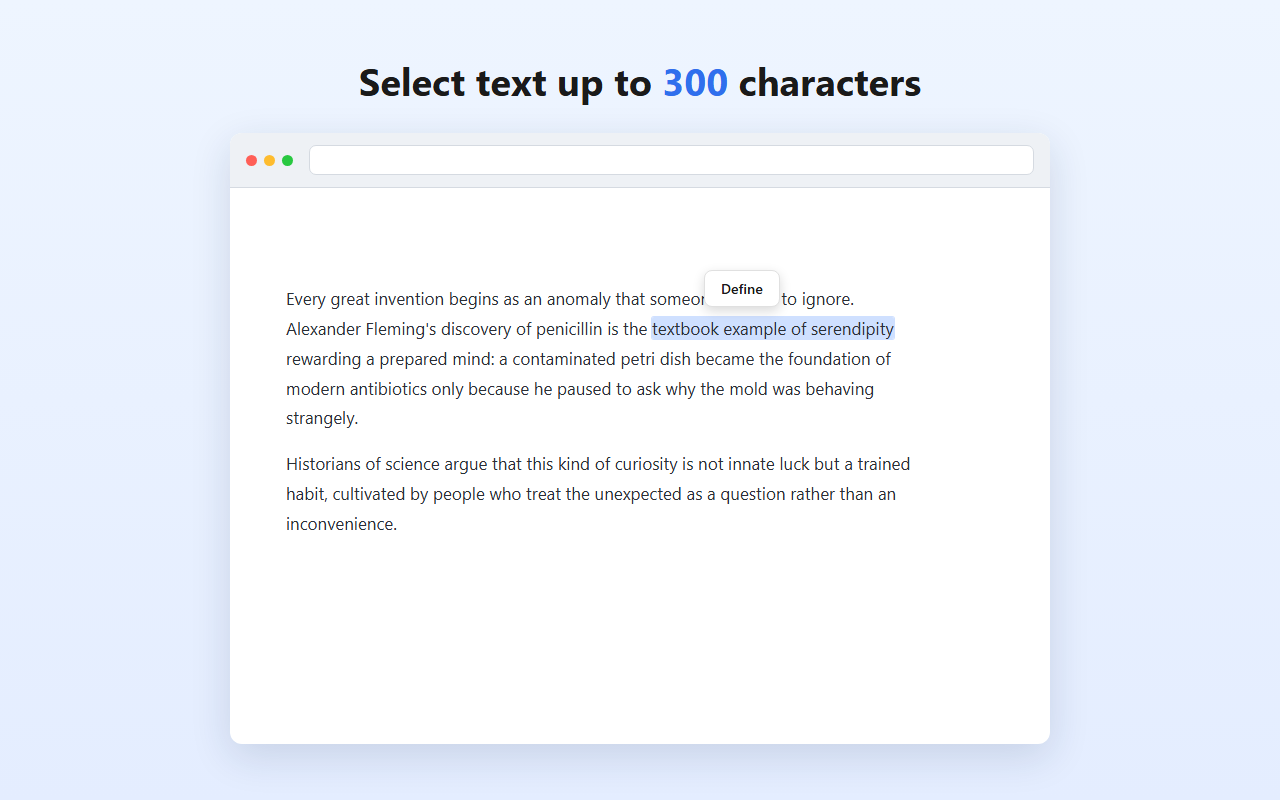 Select text up to 300 characters — a phrase highlighted on a web page with a Define button